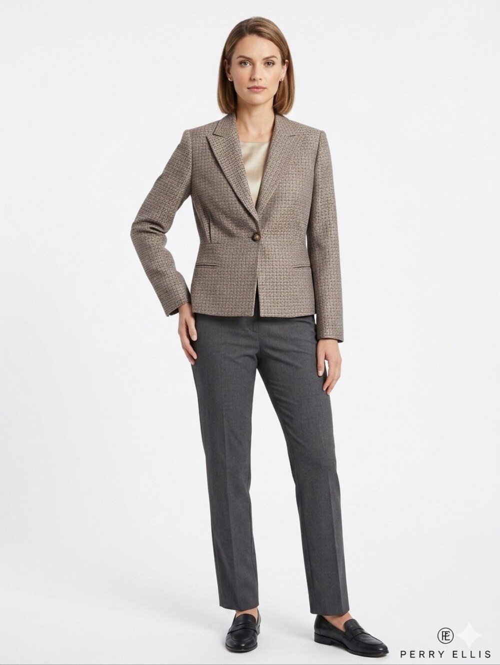 ​Perry Ellis Blazer Size 10 Womens Brown Geometric Print Structured Suit Jacket